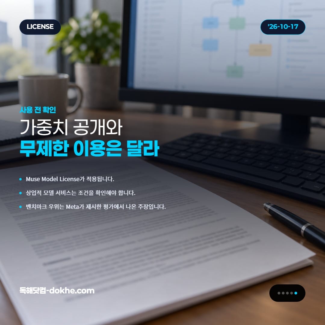 Muse Spark Open의 오픈 웨이트 공개와 Muse Model License의 상업적 이용 조건을 설명하는 카드