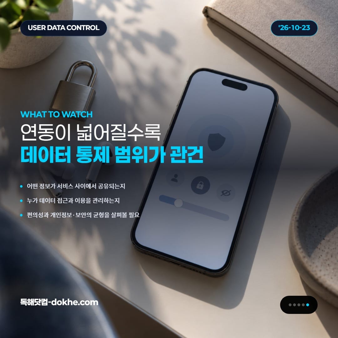 정돈된 책상 위 스마트폰 화면에 추상적인 개인정보 보호 설정 화면이 보이고, 옆에 무선 이어버드와 작은 금속 자물쇠가 놓여 있다.