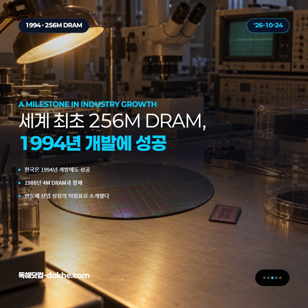 1994년 256M DRAM 개발 성과를 소개하는 카드. 웨이퍼와 개발용 반도체 장비가 놓인 연구실이 배경이다.