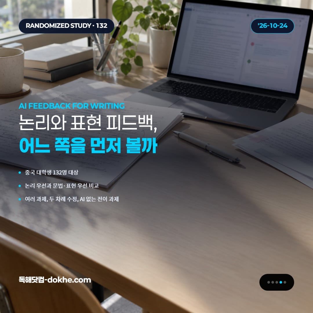 AI 글쓰기 피드백 방식을 설명하는 카드. 영어 글쓰기 초안, 펜, 노트북, 수정용 서류가 놓인 책상 장면.