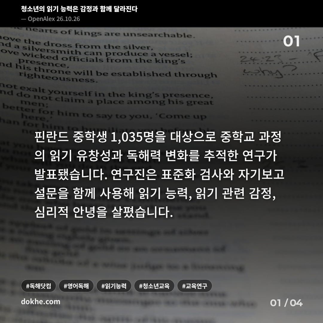 핀란드 중학생 1,035명을 대상으로 중학교 과정의 읽기 유창성·독해력 변화와 읽기 관련 감정, 심리적 안녕을 살펴본 연구를 설명하는 카드.
