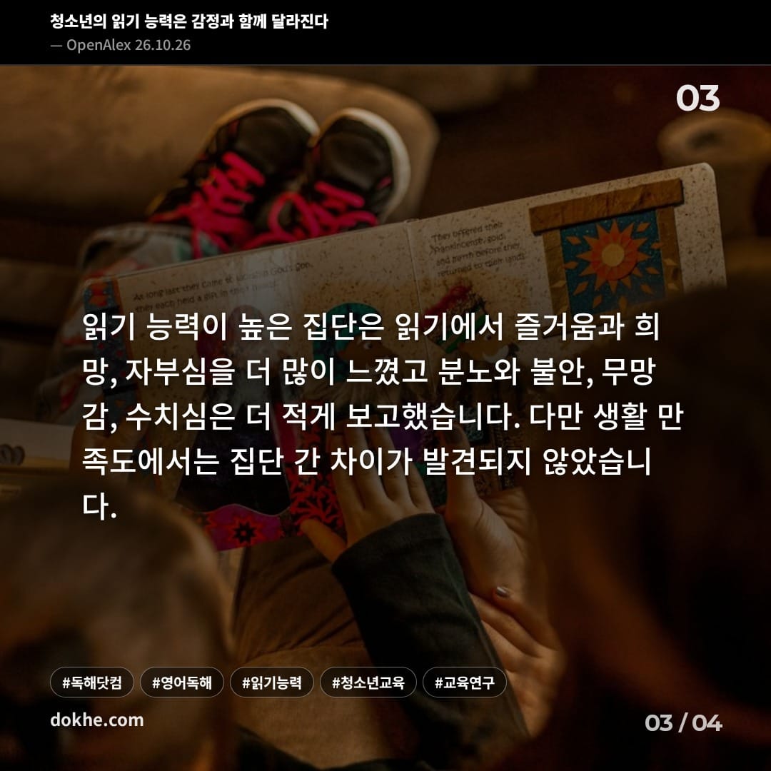 읽기 능력이 높은 집단은 즐거움·희망·자부심을 더 많이, 분노·불안 등 부정적 감정을 더 적게 보고했지만 생활 만족도 차이는 없었다는 연구 결과 카드.