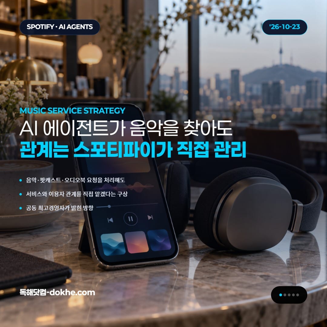카페 창가 테이블 위에 음악 재생 화면을 표시한 스마트폰과 검은 헤드폰이 놓여 있고, 창밖으로 도심 풍경이 보인다.