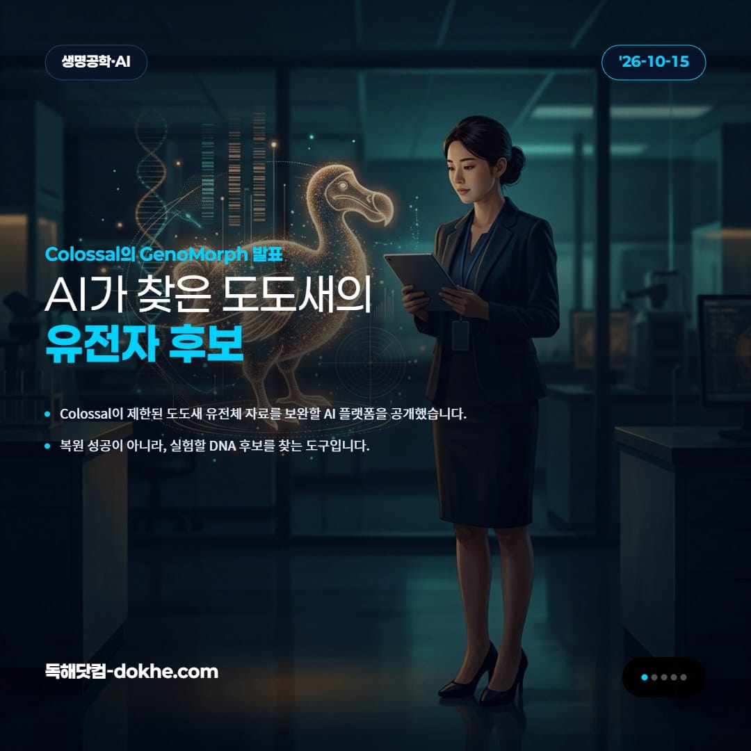 Colossal Biosciences의 GenoMorph 플랫폼을 보여주는 도도새 유전체 연구 삽화