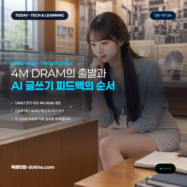 반도체 전시장에서 빈티지 칩을 살펴보는 여성의 사진과 4M DRAM·AI 글쓰기 연구를 소개하는 표지 카드.