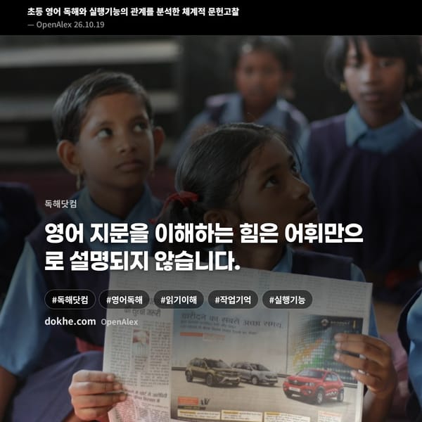 초등 영어 독해와 실행기능의 관계에 관한 문헌고찰을 소개하는 카드 표지 이미지.